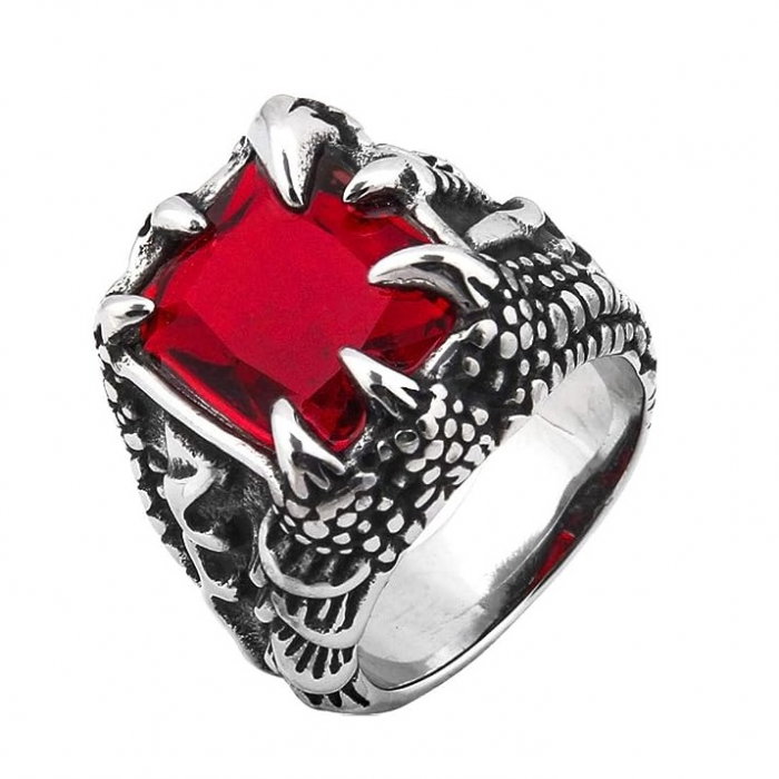 Inel inox argintiu gheara de dragon cu zirconiu rosu [1]