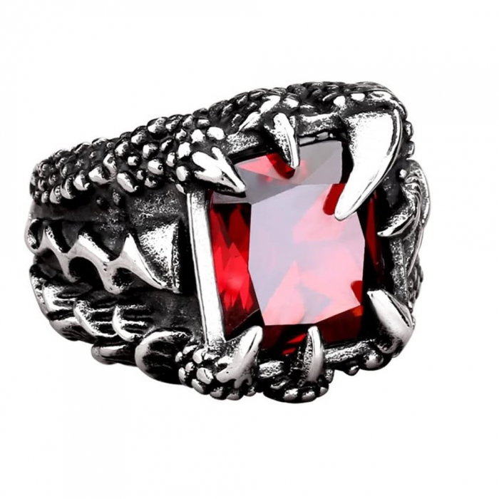 Inel inox argintiu gheara de dragon cu zirconiu rosu [3]