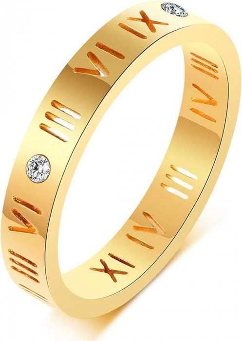Inel inox auriu cu cifre romane si zirconii [1]