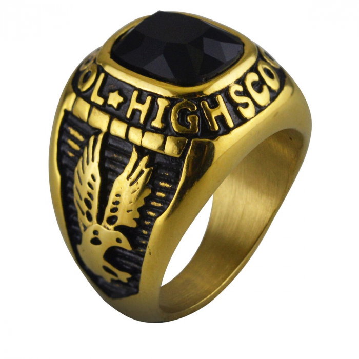 Inel inox auriu cu zirconiu negru si Vultur - High School [1]