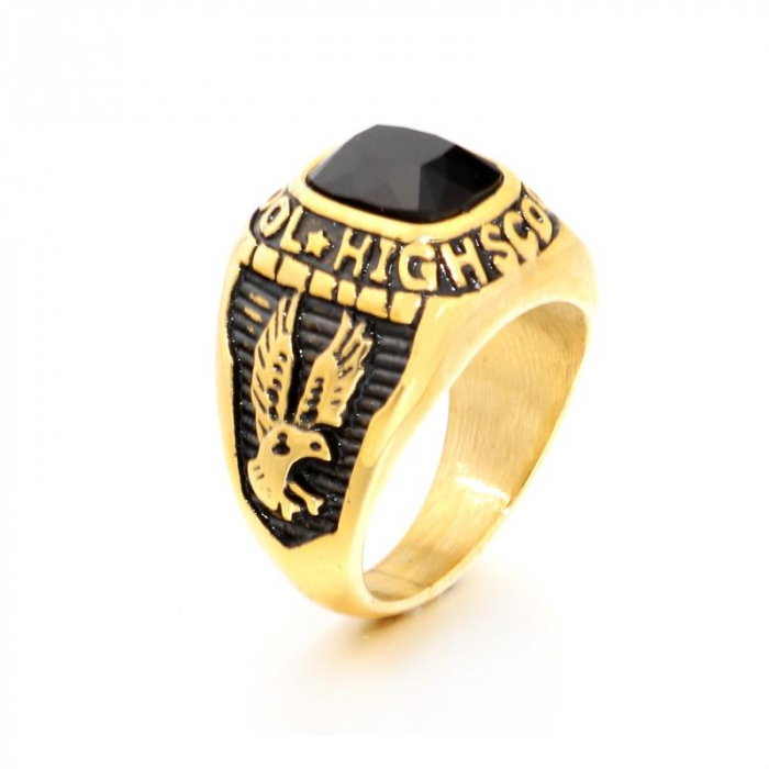 Inel inox auriu cu zirconiu negru si Vultur - High School [2]