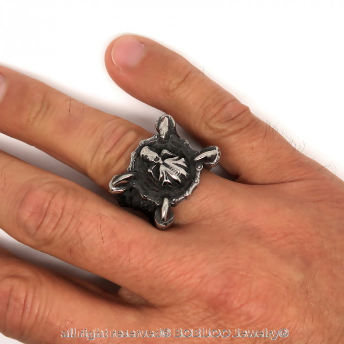 Inel inox biker gheare de dragon si craniu [2]