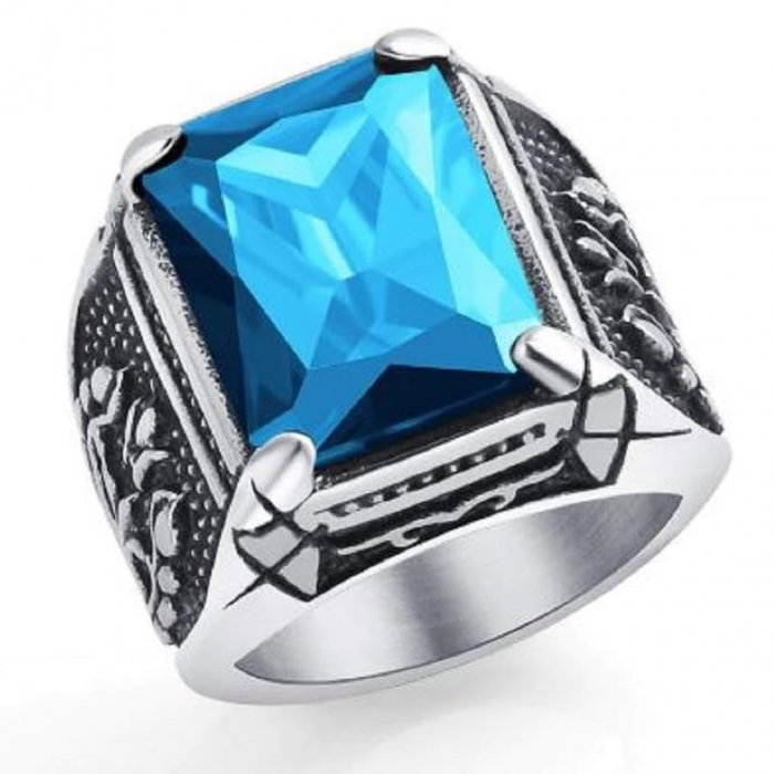 Inel inox cu zirconiu albastru si model floral [4]