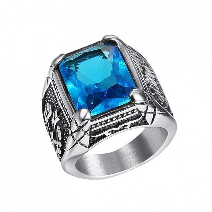 Inel inox cu zirconiu albastru si model floral [1]