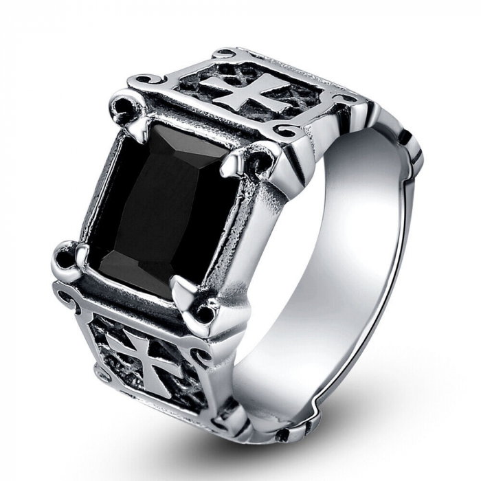 Inel inox cu zirconiu negru si cruce [11]