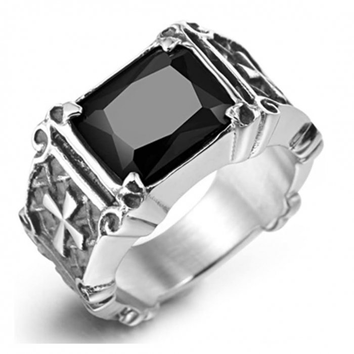 Inel inox cu zirconiu negru si cruce [8]