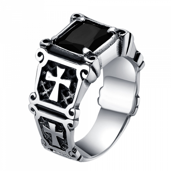 Inel inox cu zirconiu negru si cruce [1]