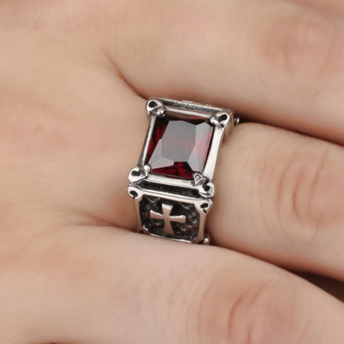 Inel inox cu zirconiu negru si cruce [10]