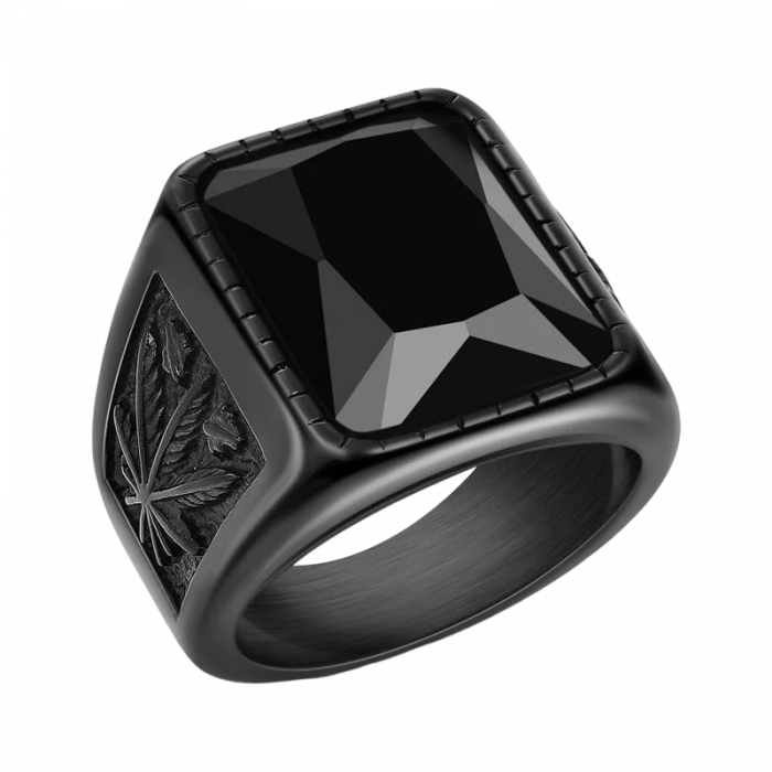 Inel inox cu zirconiu negru si frunza de Cannabis [1]