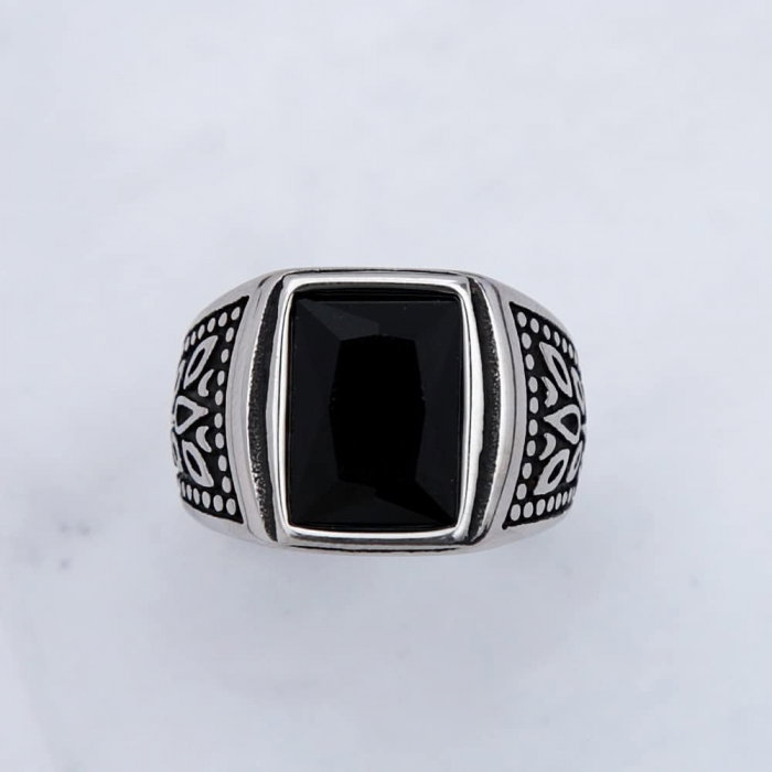 Inel inox cu zirconiu negru si frunze [6]