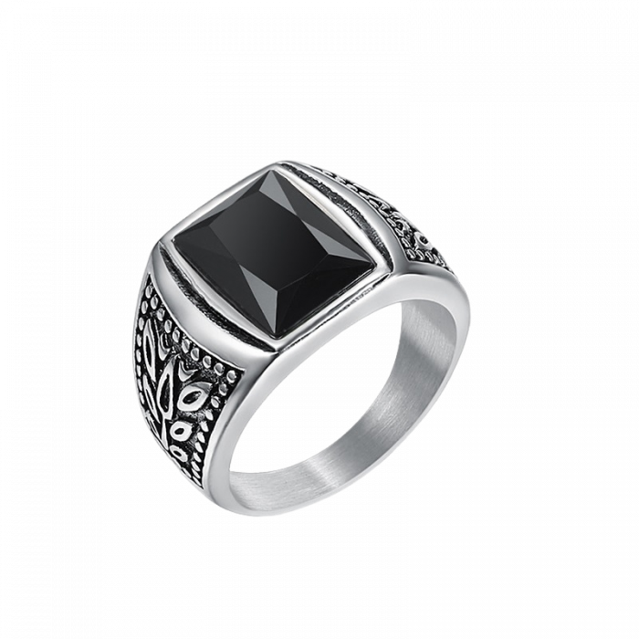 Inel inox cu zirconiu negru si frunze [1]