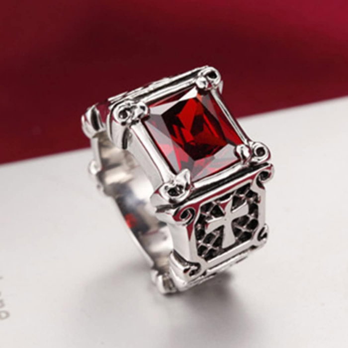 Inel inox cu zirconiu rosu si cruce [8]