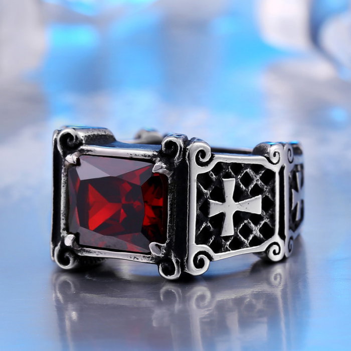 Inel inox cu zirconiu rosu si cruce [4]