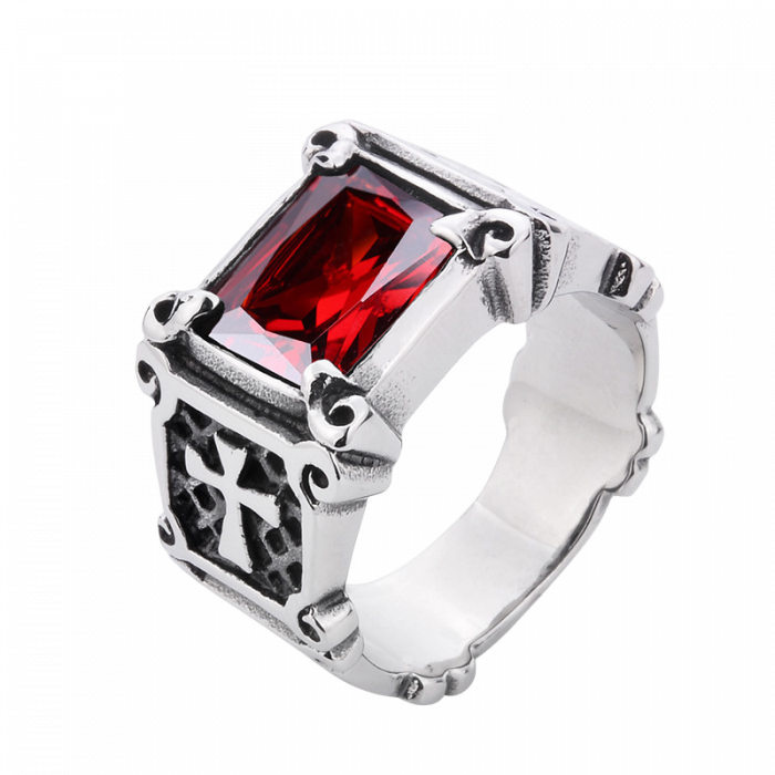 Inel inox cu zirconiu rosu si cruce [1]