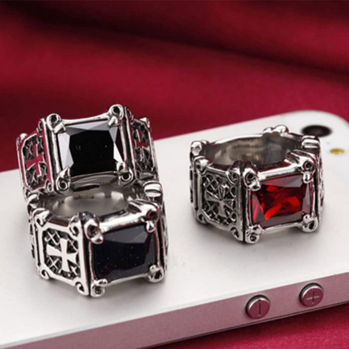 Inel inox cu zirconiu rosu si cruce [11]