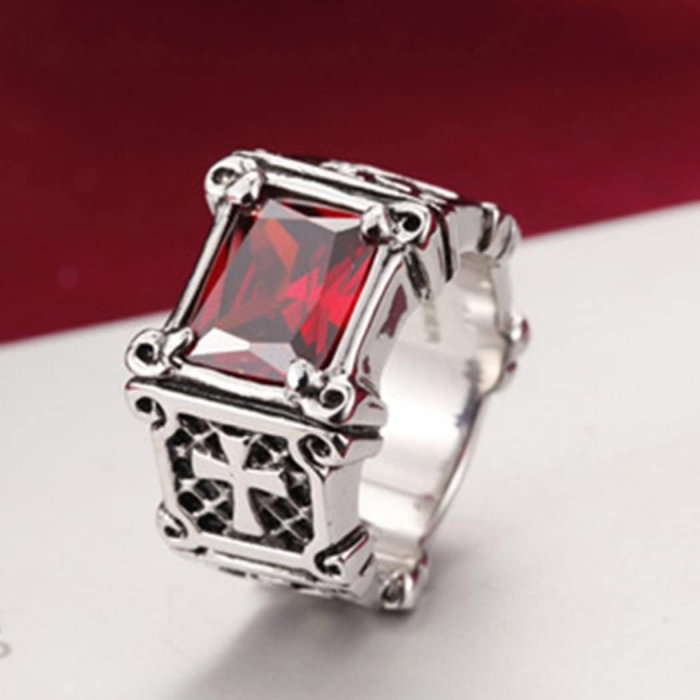 Inel inox cu zirconiu rosu si cruce [10]