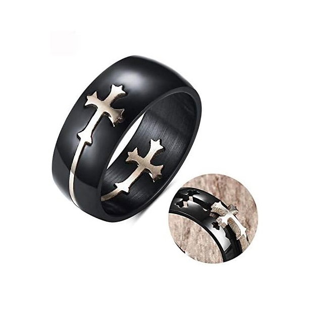 Inel inox negru cu cruce argintie [2]