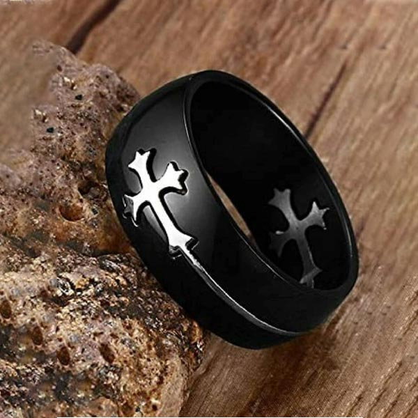 Inel inox negru cu cruce argintie [4]