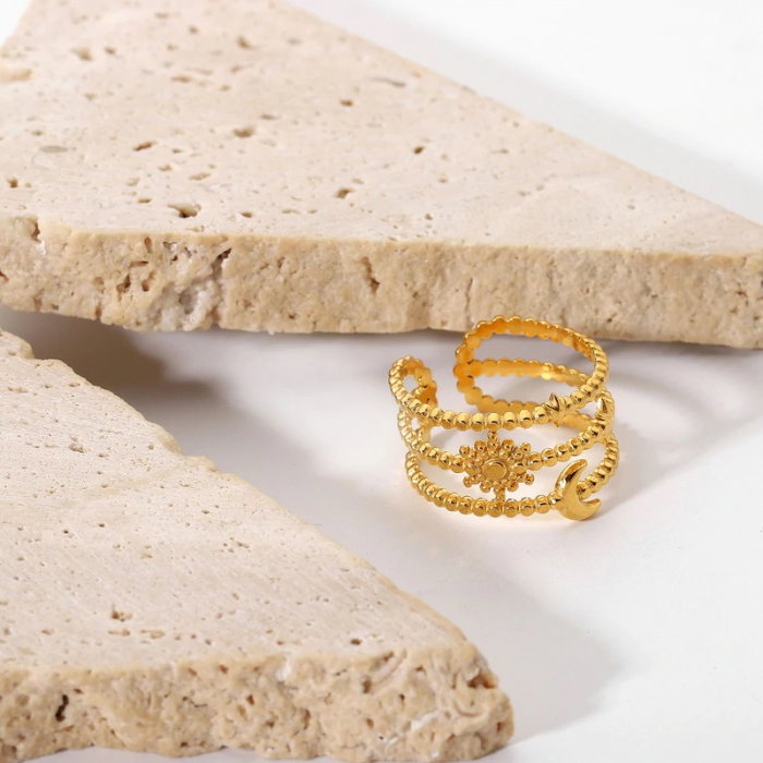 Inel reglabil din inox auriu cu Soarele si Luna [6]