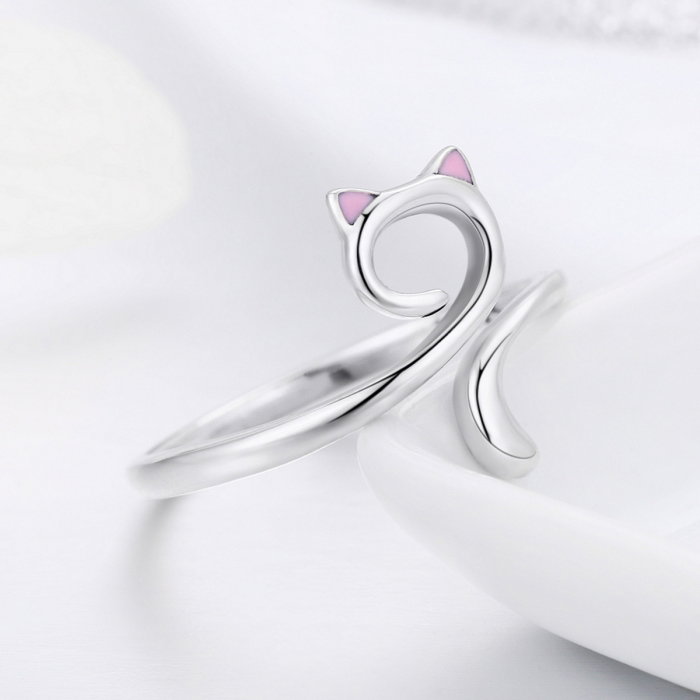 Inel reglabil argint 925 rodiat pisicuta cu urechiuse roz- Be Nature IST0049 [4]