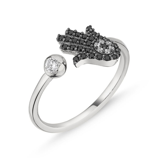 Inel reglabil din argint placat cu rodiu cu zirconii si Fatima (Hamsa) [1]