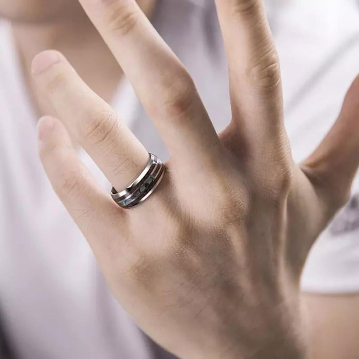 Inel inox negru cu insertie de Abalone si Lemn Hawaiian [7]