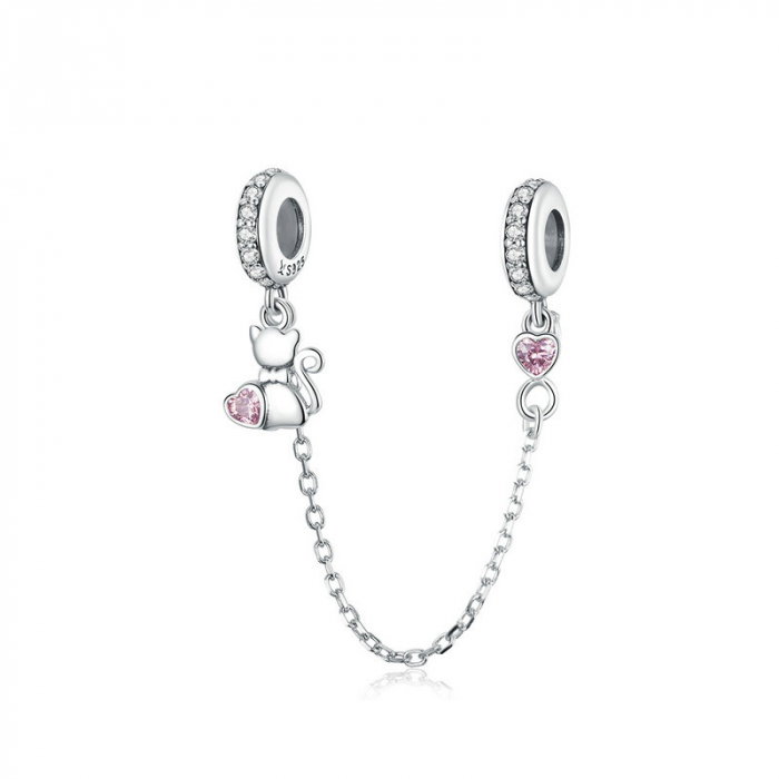 Lant de siguranta bratara cu pisicuta si inimioare roz argint [1]