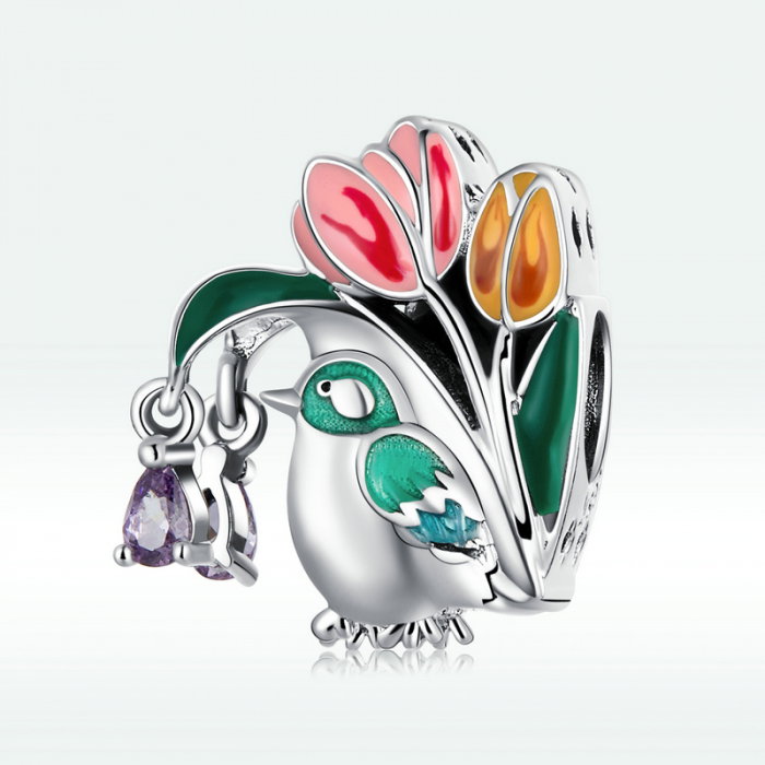 Pandantiv argint cu pasare si flori lalele [7]