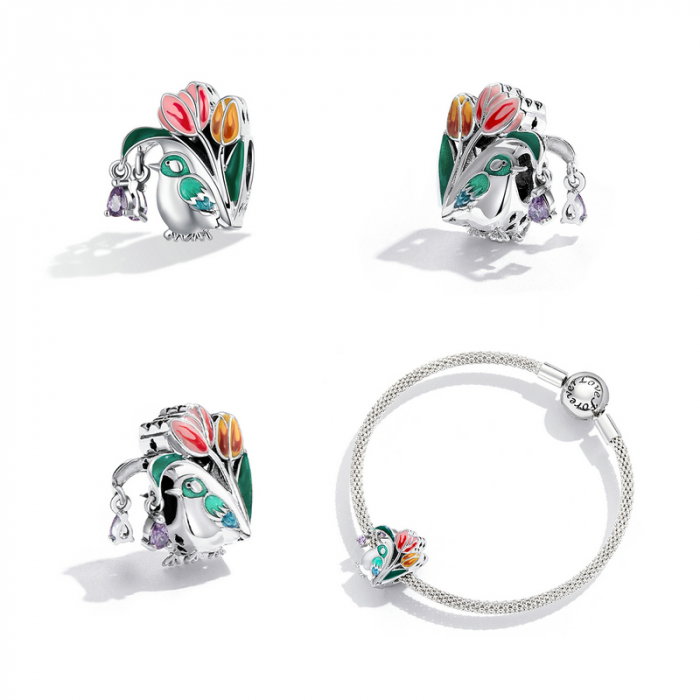 Pandantiv argint cu pasare si flori lalele [6]