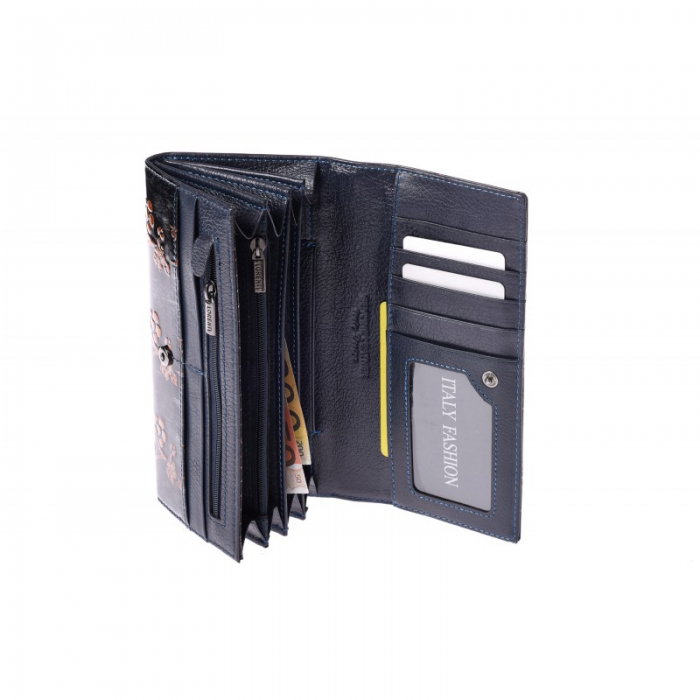 Portofel lux dama din piele naturala lacuita, maron, cu flori de cires Lorenti PORT622  [4]