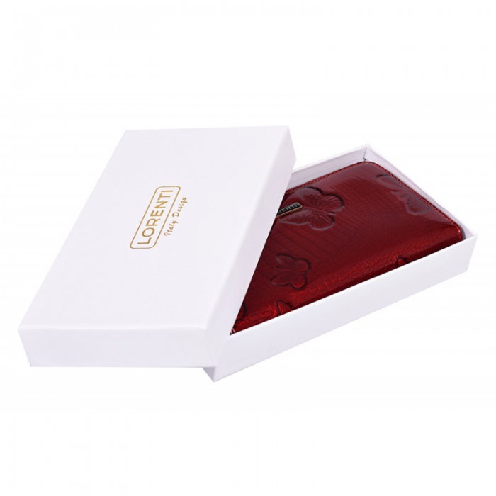 Portofel lux dama din piele naturala lacuita, rosu, cu fluturasi si fermoar Lorenti PORT624  [4]