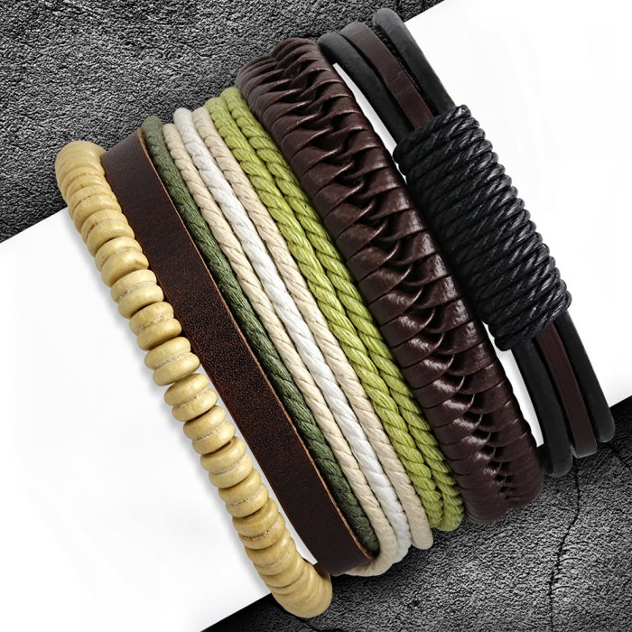 Set 4 bratari din piele cu snur si margele lemn [4]