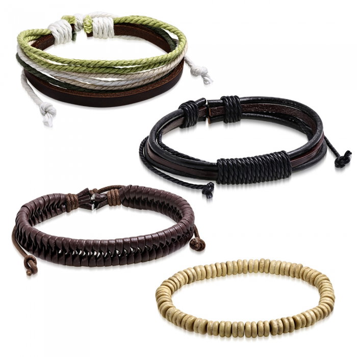 Set 4 bratari din piele cu snur si margele lemn [1]