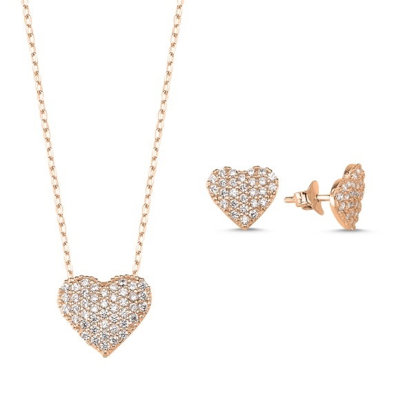 Set argint 925 colier si cercei cu inimioare si zirconii placat cu aur roz [1]