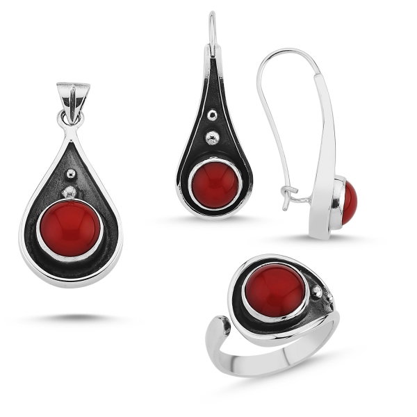 Set argint 925 lucrat manual cu Coral si Inel Reglabil - Be Elegant [1]
