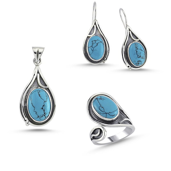 Set argint 925 lucrat manual cu pietre de turcoaz si Inel Reglabil  - Be Elegant [1]