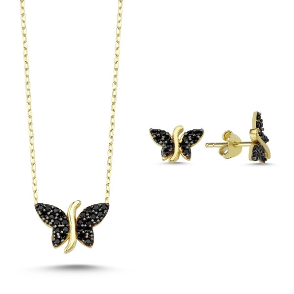 Set argint 925 aurit cu fluturi si zirconii negre - Be Nature STU0037 [1]