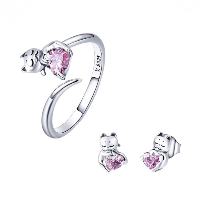 Set argint cercei si inel cu pisicute iubitoare [1]