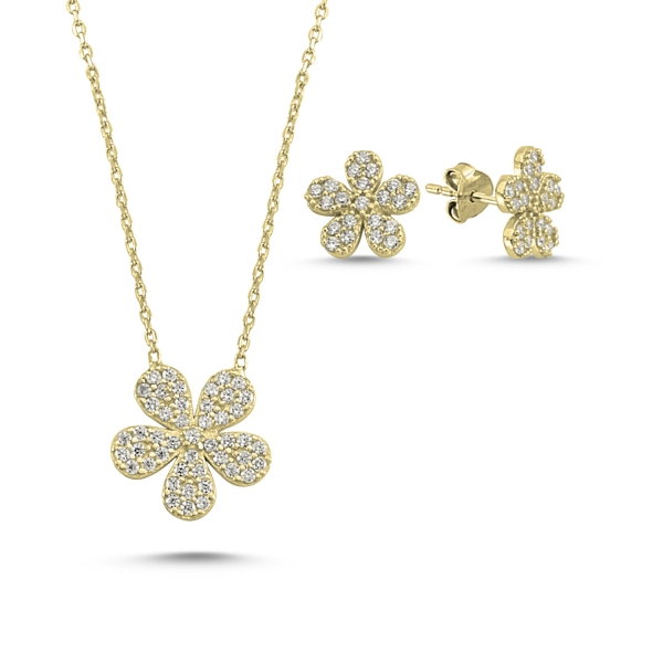 Set argint colier si cercei cu flori si zirconii albe placat cu aur galben - STU0035 [1]