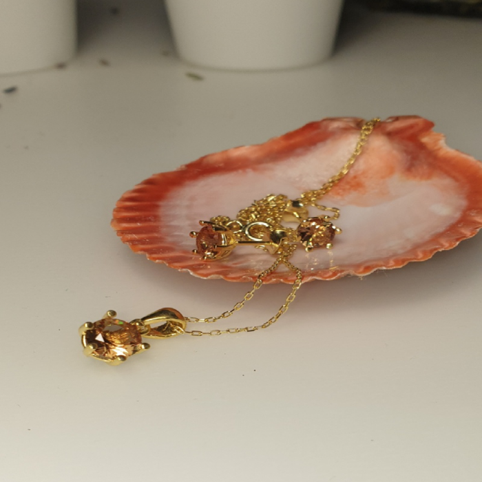 Set argint colier si cercei cu pietre rotunde de zultanit, placat cu aur - STU0043 [2]