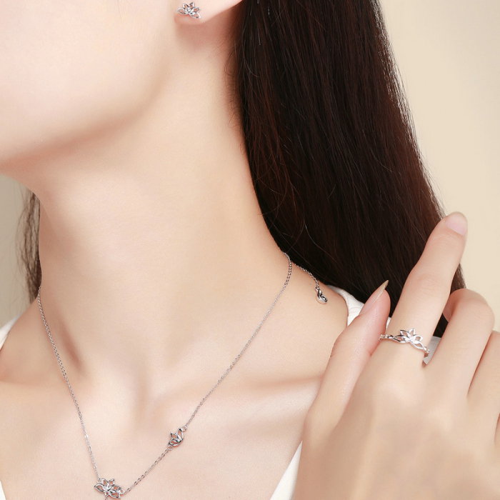 Set argint floare de lotus colier inel cercei [4]