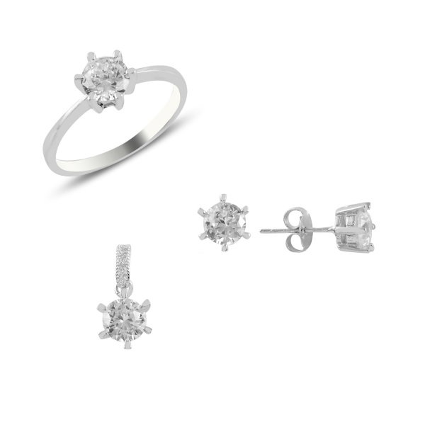 Set argint Solitaire inel, cercei, pandant cu zirconii rotunde [1]