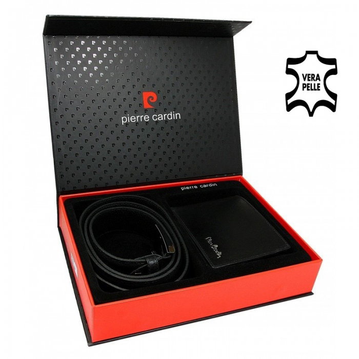 Set cadou barbati din piele naturala (portofel + curea) Pierre Cardin PORM212 Negru [7]