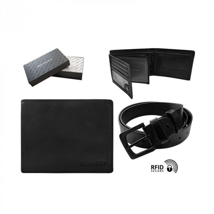 Set cadou barbati, portofel si curea din piele naturala, Rovicky, PORMG905, cu RFID [16]