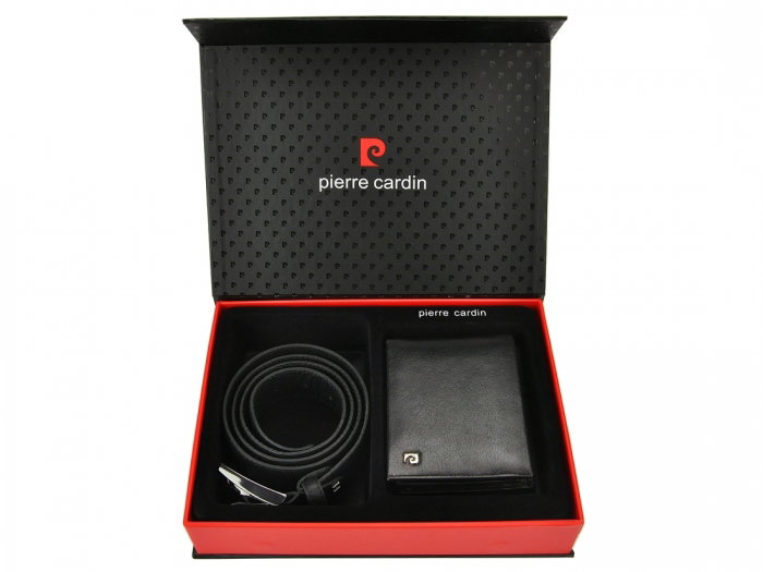Set cadou de lux pt. barbati din piele naturala (portofel + curea) Pierre Cardin PORM213 Negru [1]