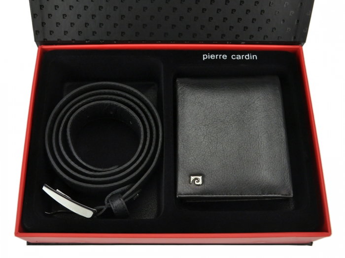 Set cadou de lux pt. barbati din piele naturala (portofel + curea) Pierre Cardin PORM213 Negru [2]