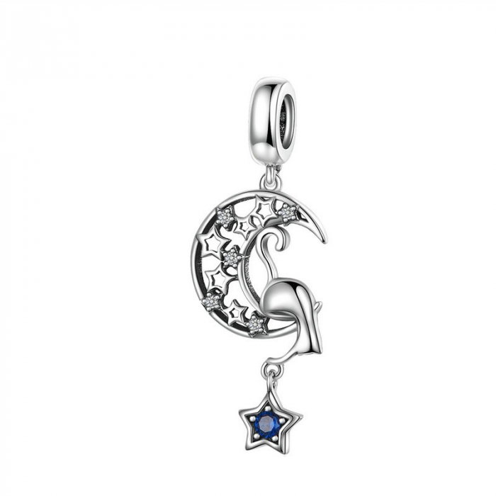 Talisman argint pisicuta jucausa in luna cu steluta albastra [1]