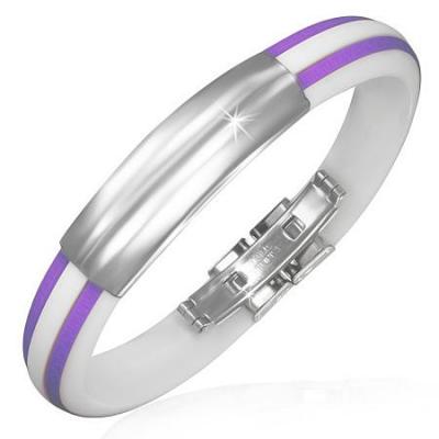 Bratara inox si cauciuc alb cu dungi mov