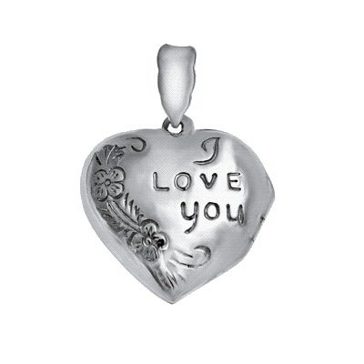 Pandant argint 925 rodiat inimioara, se deschide, gravat cu I Love you si doua floricicele - Be in Love, Be Special