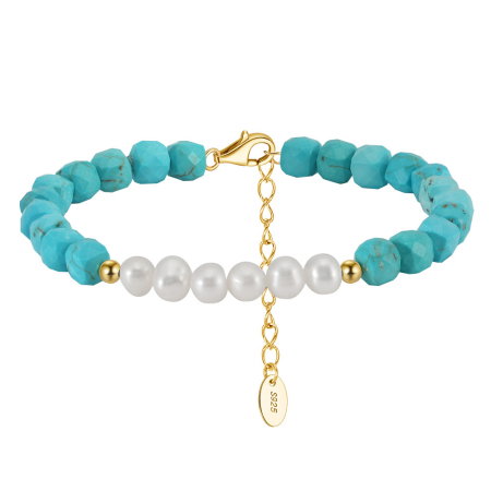 Bratara argint 925 placata cu aur 14K cu perle naturale si turcoaz natural